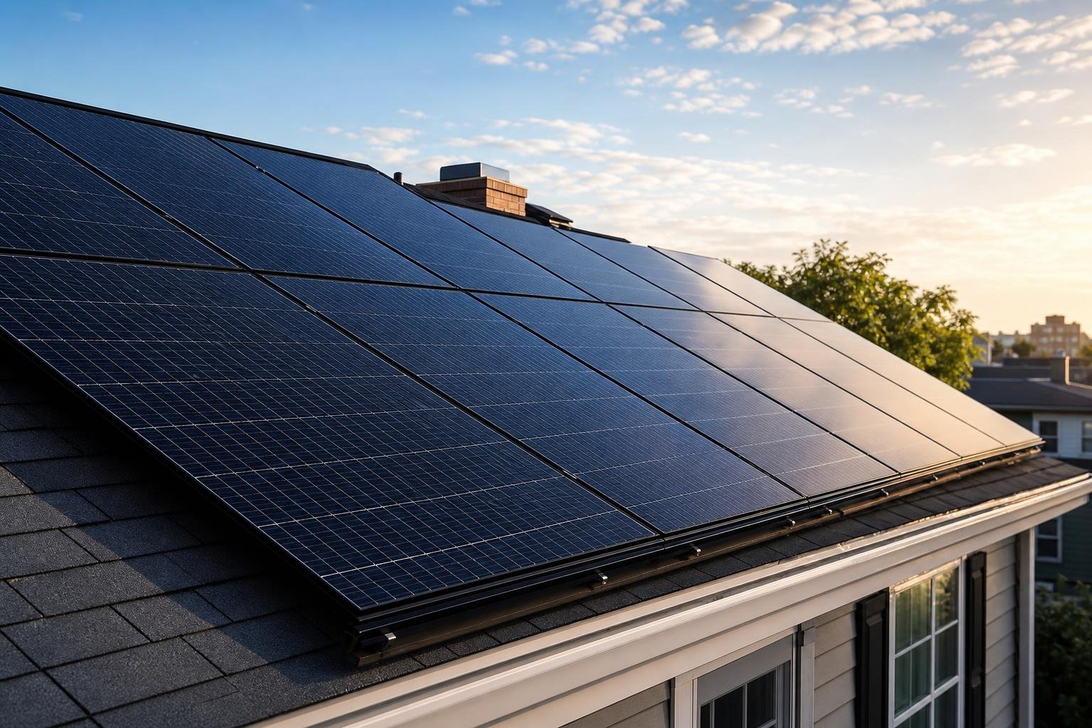 Close view of rooftop solar panels on a residential home in Jersey City with warm daylight and clear sky reflections.