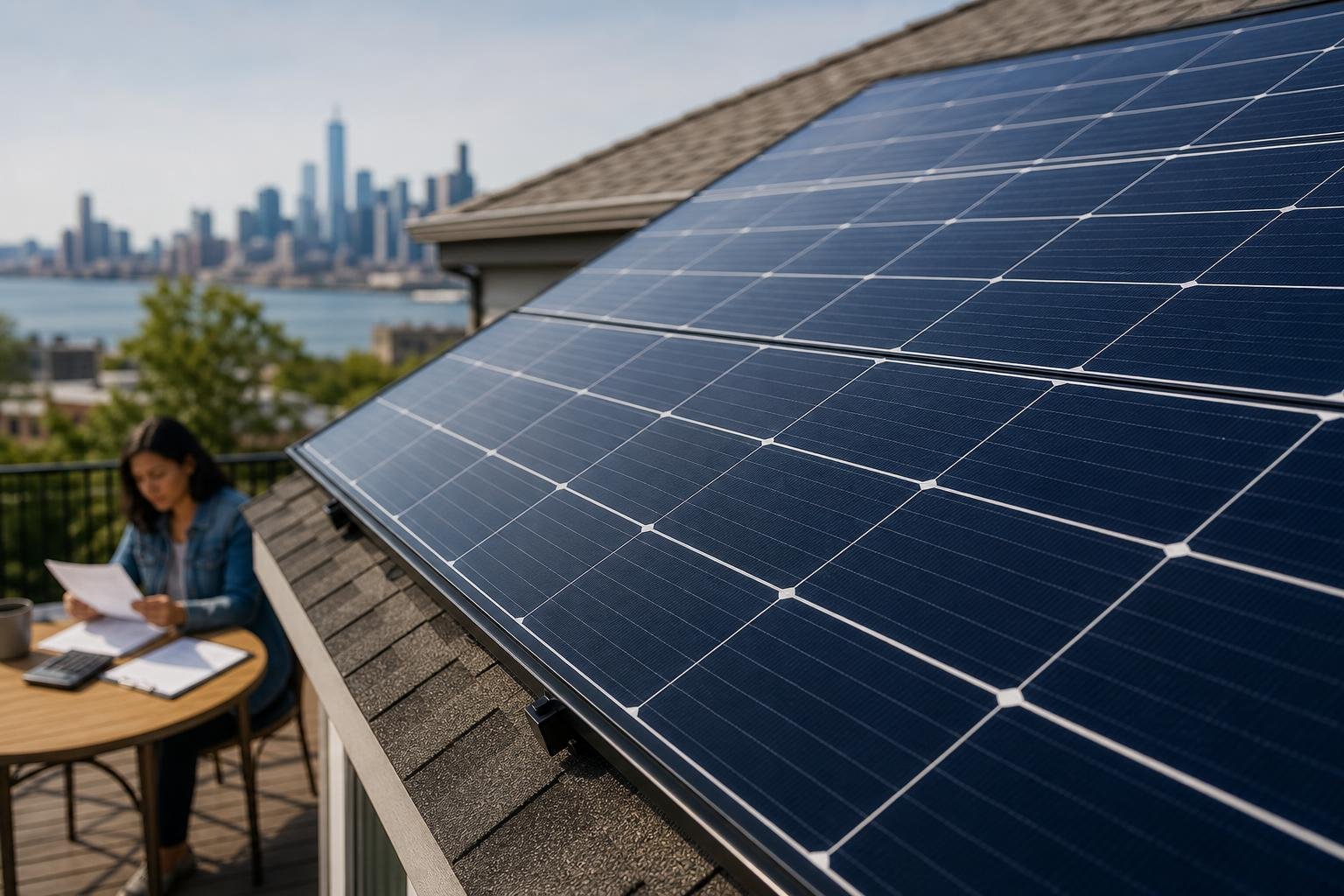 Residential solar panels in close view with a softly blurred homeowner reviewing paperwork in the background.